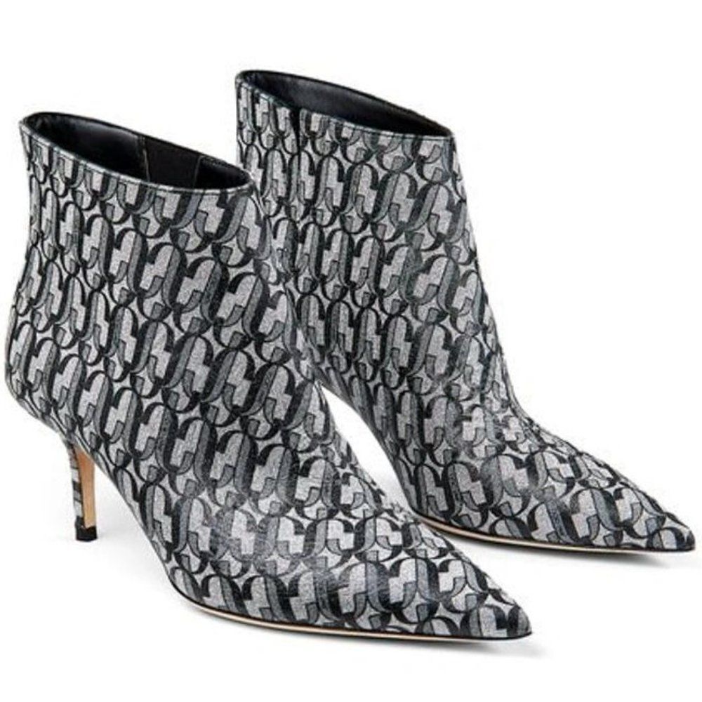 NWOT JIMMY CHOO Marinda 65 Black & Silver Monogram 'JC" Logo Booties Siz…